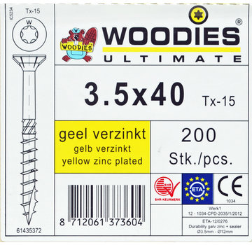 Woodies Ultimate Woodies schroeven 3.5x40 geelverzinkt T-15 deeldraad 200 stuks