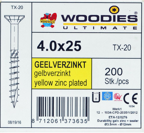 Woodies Ultimate Woodies schroeven 4.0x25 geelverzinkt T-20 deeldraad 200 stuks