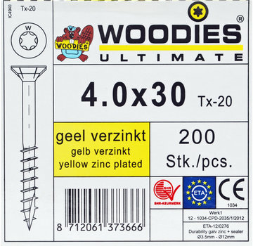 Woodies Ultimate Woodies schroeven 4.0x30 geelverzinkt T-20 deeldraad 200 stuks