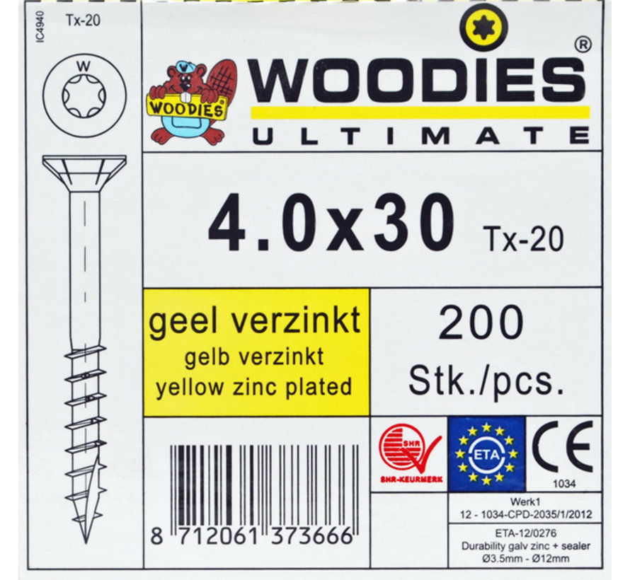 Woodies schroeven 4.0x30 geelverzinkt T-20 deeldraad 200 stuks