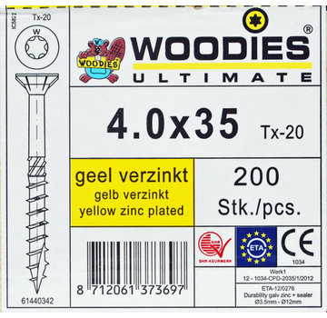 Woodies Ultimate Woodies schroeven 4.0x35 geelverzinkt T-20 deeldraad 200 stuks