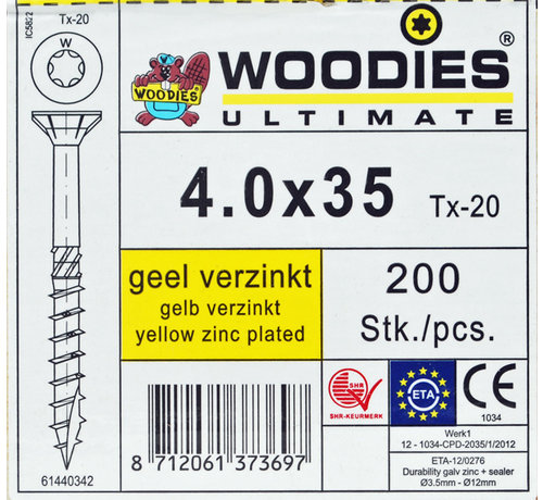 Woodies Ultimate Woodies schroeven 4.0x35 geelverzinkt T-20 deeldraad 200 stuks