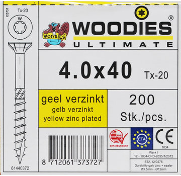 Woodies Ultimate Woodies Schroeven 4.0x40 Geelverzinkt T-20 deeldraad 200 stuks