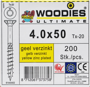 Woodies Ultimate Woodies Schroeven 4.0x50 Geelverzinkt T-20 deeldraad 200 stuks