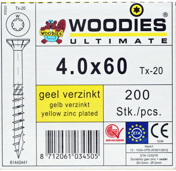 Woodies Ultimate Woodies schroeven 4.0x60 geelverzinkt T-20 deeldraad 200 stuks