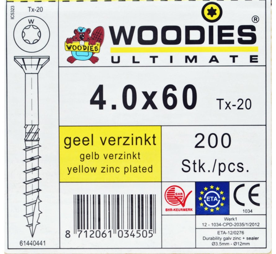 Woodies schroeven 4.0x60 geelverzinkt T-20 deeldraad 200 stuks