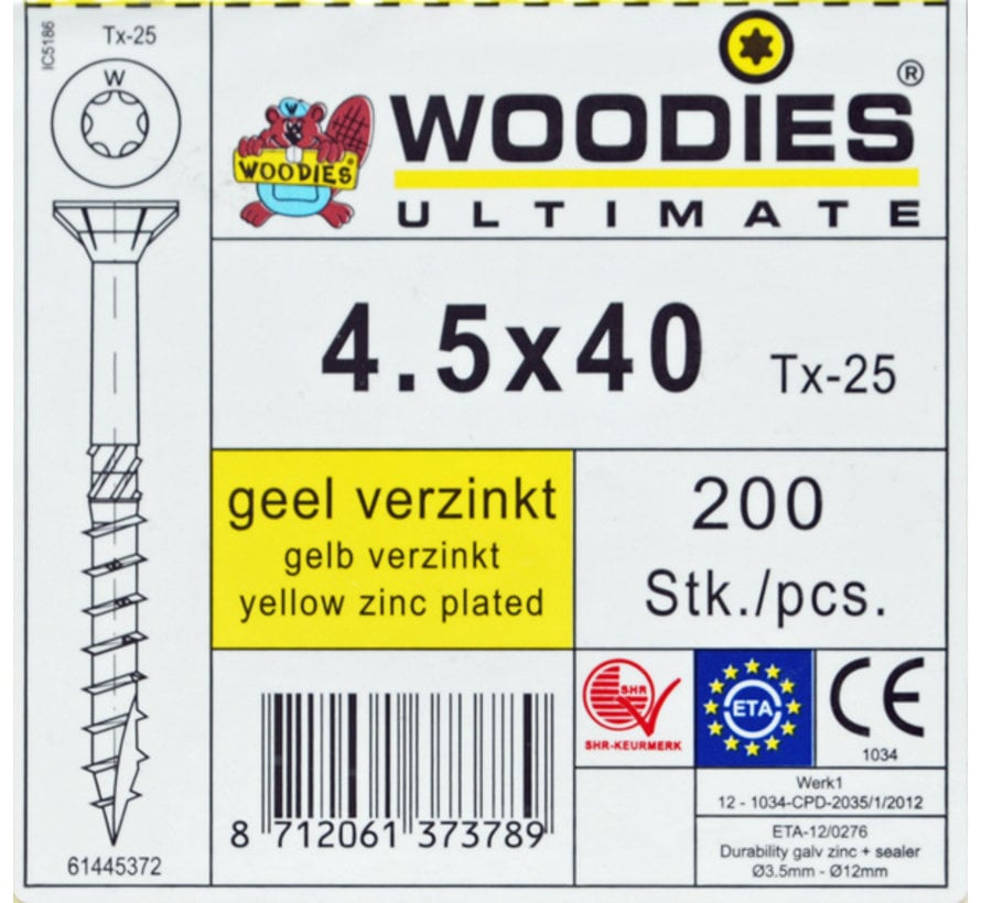 Woodies schroeven 4.5x40 geelverzinkt T-25 deeldraad 200 stuks