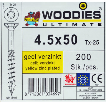 Woodies Ultimate Woodies schroeven 4.5x50 geelverzinkt T-25 deeldraad  200 stuks