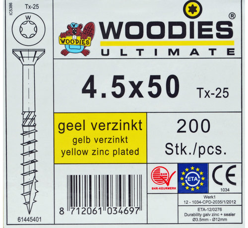 Woodies Ultimate Woodies schroeven 4.5x50 geelverzinkt T-25 deeldraad  200 stuks