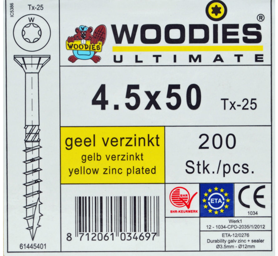 Woodies schroeven 4.5x50 geelverzinkt T-25 deeldraad  200 stuks