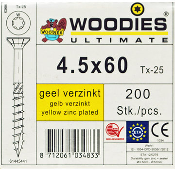 Woodies Ultimate Woodies schroeven 4.5x60 geelverzinkt T-25 deeldraad 200 stuks