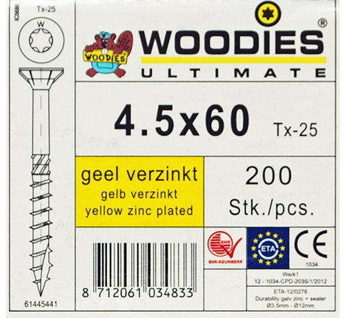 Woodies Ultimate Woodies schroeven 4.5x60 geelverzinkt T-25 deeldraad 200 stuks