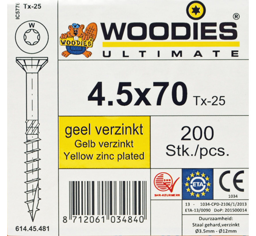 Woodies schroeven 4.5x70 geelverzinkt T-25 deeldraad 200 stuks