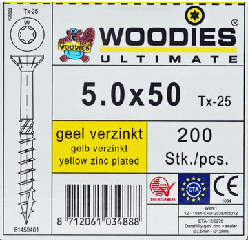 Woodies Ultimate Woodies schroeven 5.0x50 geelverzinkt T-25 deeldraad 200 stuks