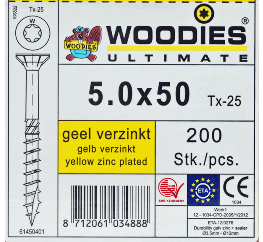 Woodies schroeven 5.0x50 geelverzinkt T-25 deeldraad 200 stuks