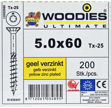 Woodies Ultimate Woodies schroeven 5.0x60 geelverzinkt T-25 deeldraad 200 stuks