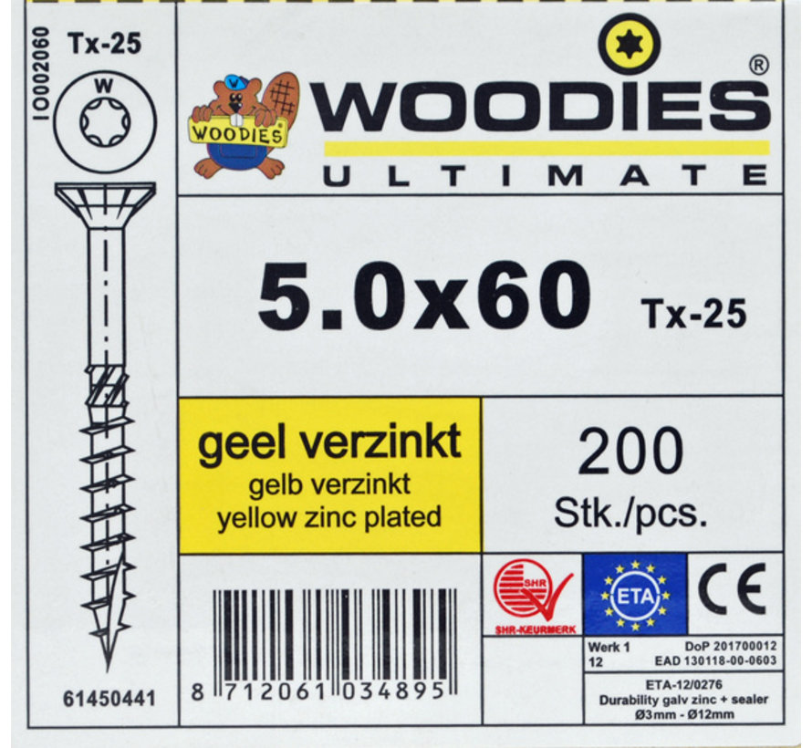 Woodies schroeven 5.0x60 geelverzinkt T-25 deeldraad 200 stuks