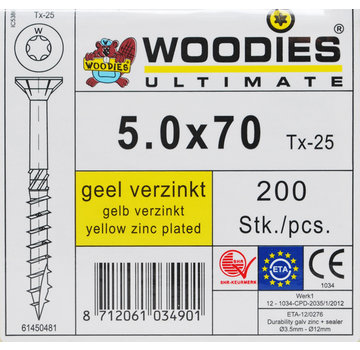 Woodies Ultimate Woodies schroeven 5.0x70 geelverzinkt T-25 deeldraad 200 stuks