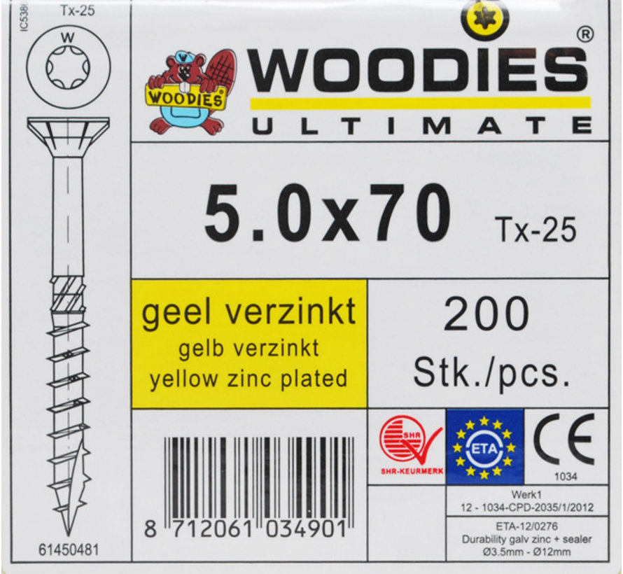 Woodies schroeven 5.0x70 geelverzinkt T-25 deeldraad 200 stuks