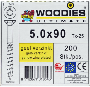 Woodies Ultimate Woodies schroeven 5.0x90 geelverzinkt T-25 deeldraad 200 stuks