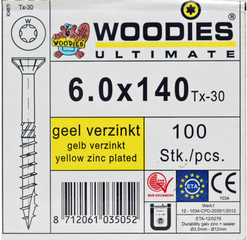 Woodies Ultimate Woodies schroeven 6.0x140 geelverzinkt T-30 deeldraad 100 stuks