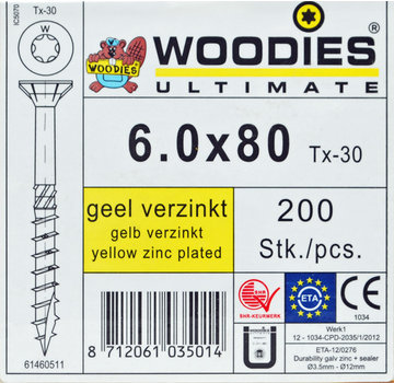 Woodies Ultimate Woodies schroeven 6.0x80 geelverzinkt T-30 deeldraad 200 stuks