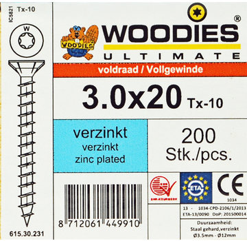 Woodies Ultimate Woodies schroeven 3.0x20 verzinkt T-10 voldraad 200 stuks