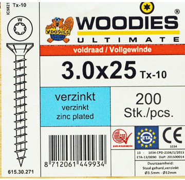 Woodies Ultimate Woodies schroeven 3.0x25 verzinkt T-10 voldraad 200 stuks