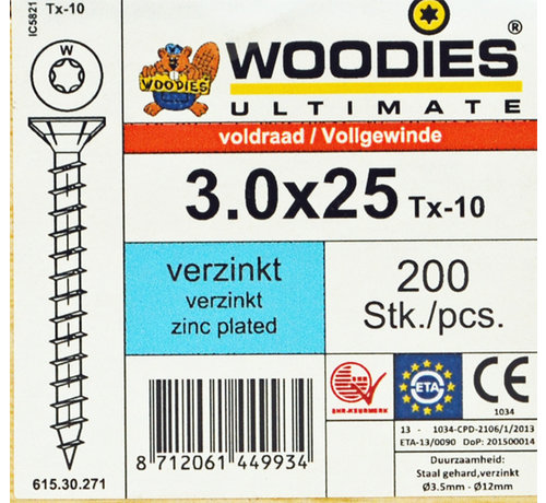 Woodies Ultimate Woodies schroeven 3.0x25 verzinkt T-10 voldraad 200 stuks