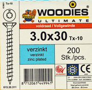 Woodies Ultimate Woodies schroeven 3.0x30 verzinkt T-10 voldraad 200 stuks