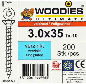 Woodies Ultimate Woodies schroeven 3.0x35 verzinkt T-10 voldraad 200 stuks