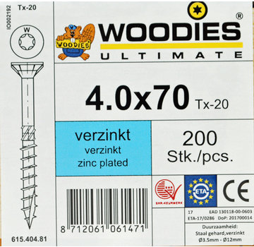 Woodies Ultimate Woodies schroeven 4.0x70 verzinkt T-20 deeldraad 200 stuks