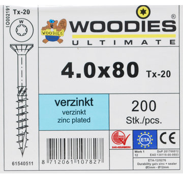 Woodies Ultimate Woodies schroeven 4.0x80 verzinkt T-20 deeldraad 200 stuks