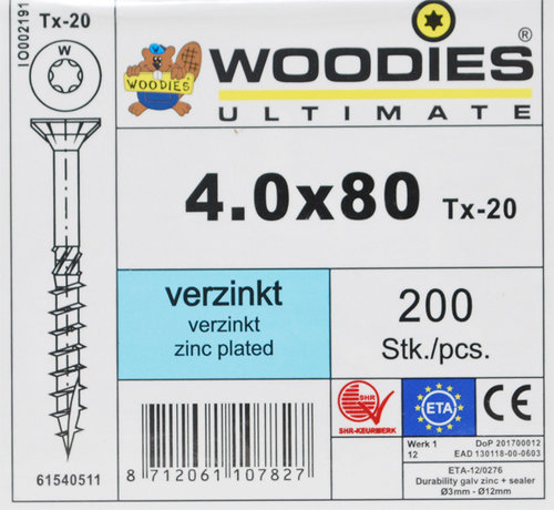 Woodies Ultimate Woodies schroeven 4.0x80 verzinkt T-20 deeldraad 200 stuks