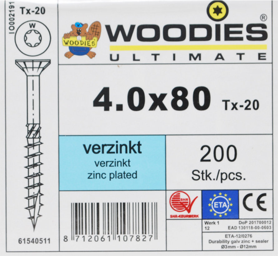 Woodies schroeven 4.0x80 verzinkt T-20 deeldraad 200 stuks