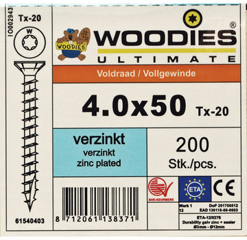 Woodies Ultimate Woodies schroeven 4.0x50 verzinkt T-20 voldraad 200 stuks