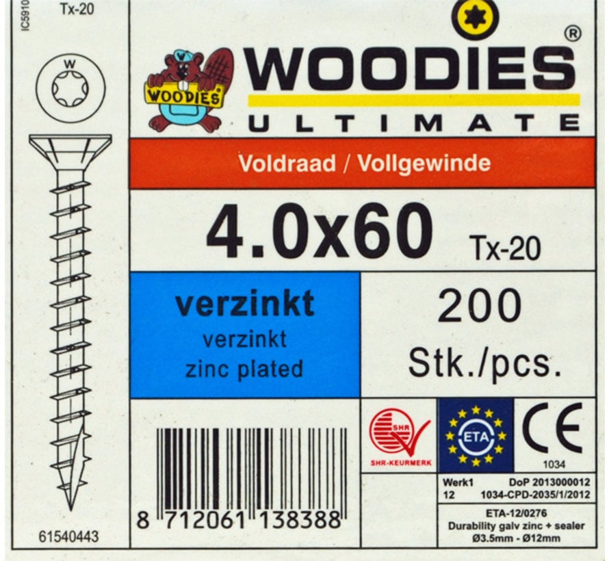 Woodies schroeven 4.0x60 verzinkt T-20 voldraad 200 stuks