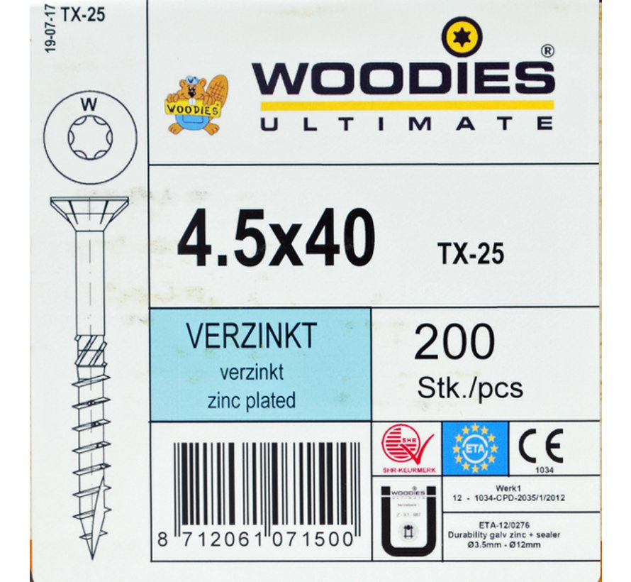 Woodies schroeven 4.5x40 verzinkt T-25 deeldraad 200 stuks