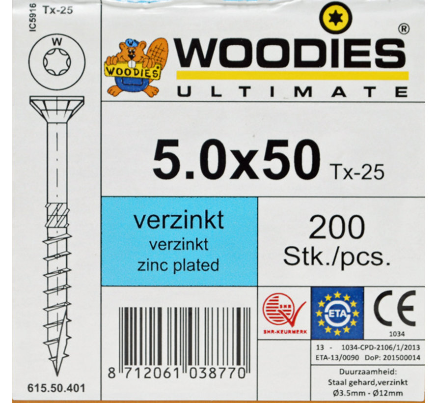 Woodies schroeven 5.0x50 verzinkt T-25 deeldraad 200 stuks