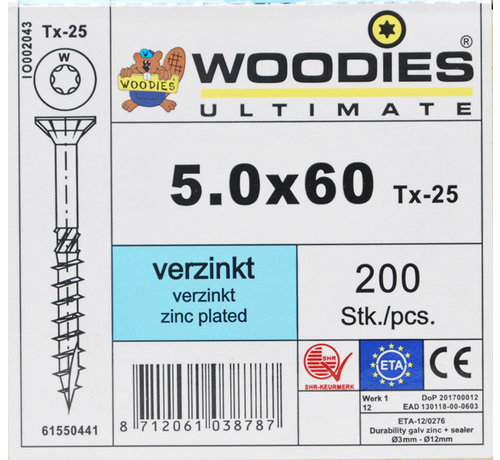 Woodies Ultimate Woodies schroeven 5.0x60 verzinkt T-25 deeldraad 200 stuks