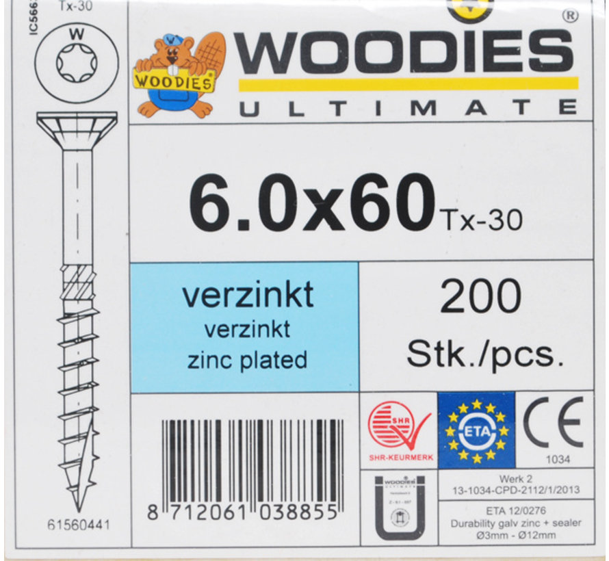 Woodies schroeven 6.0x60 verzinkt T-30 deeldraad 200 stuks