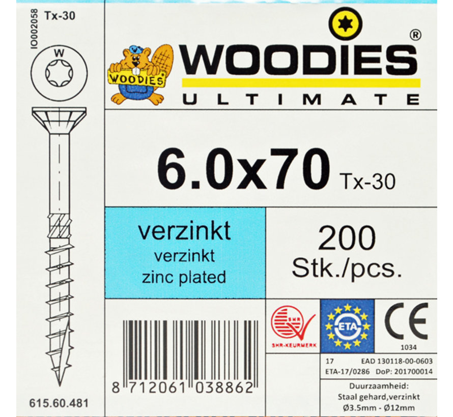 Woodies schroeven 6.0x70 verzinkt T-30 deeldraad 200 stuks