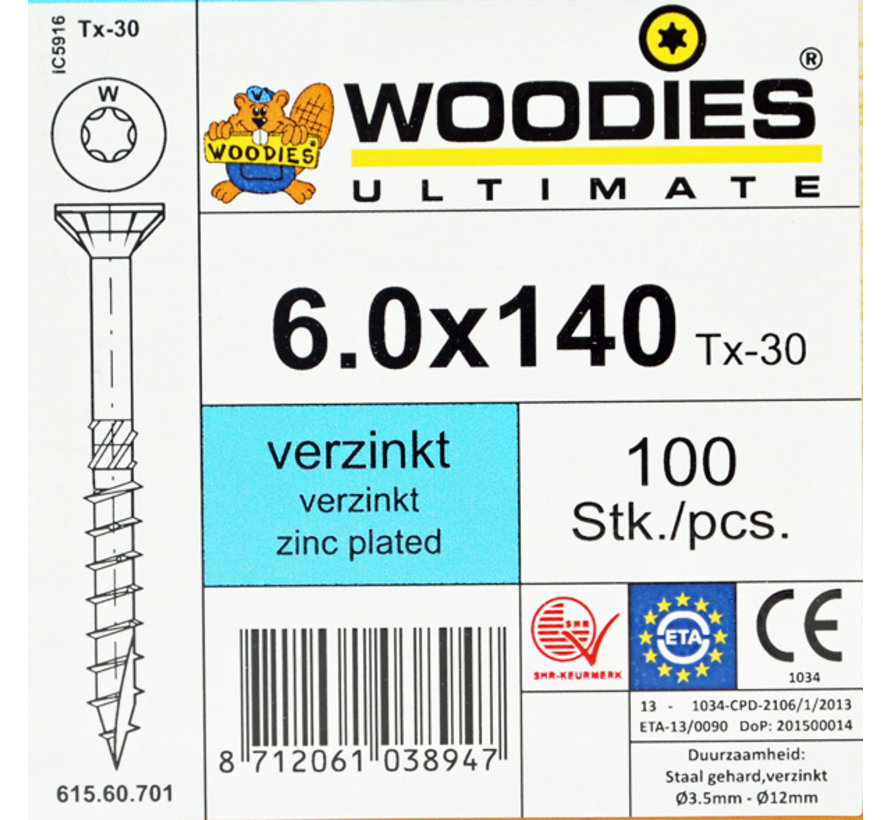 Woodies schroeven 6.0x140 verzinkt T-30 deeldraad 100 stuks