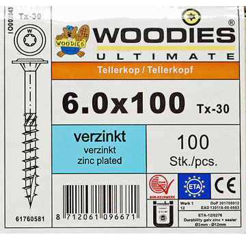 Woodies Ultimate Woodies tellerkopschroeven 6.0x100 verzinkt T-30 deeldraad 100 stuks