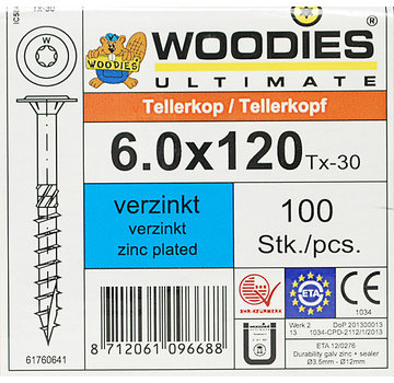 Woodies Ultimate Woodies tellerkopschroeven 6.0x120 verzinkt T-30 deeldraad 100 stuks