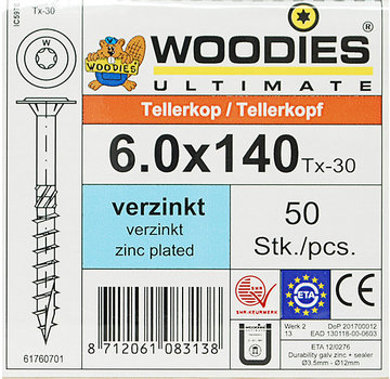 Woodies Ultimate Woodies tellerkopschroeven 6.0x140 verzinkt T-30 deeldraad 50 stuks