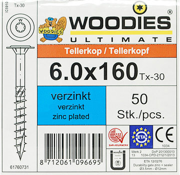 Woodies Ultimate Woodies tellerkopschroeven 6.0x160 verzinkt T-30 deeldraad 50 stuks