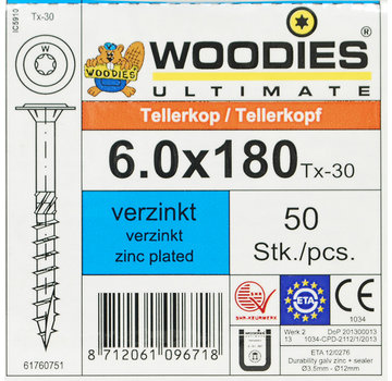 Woodies Ultimate Woodies tellerkopschroeven 6.0x180 verzinkt T-30 deeldraad 50 stuks