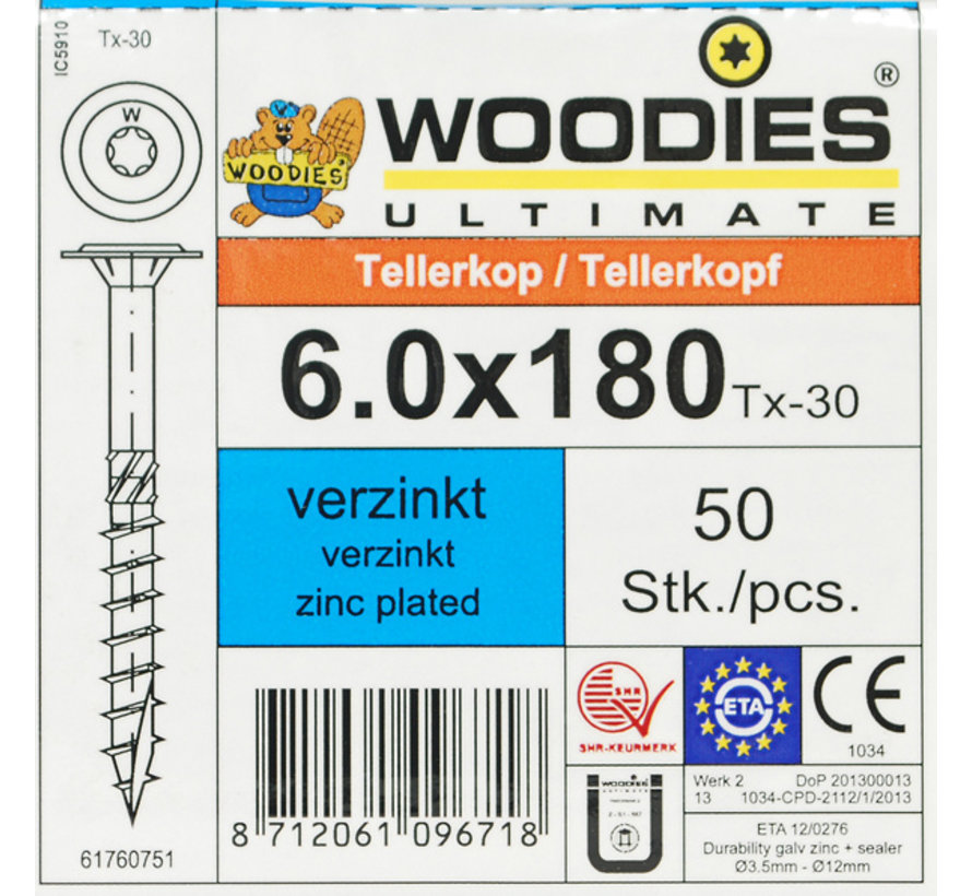 Woodies tellerkopschroeven 6.0x180 verzinkt T-30 deeldraad 50 stuks