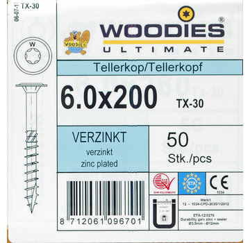 Woodies Ultimate Woodies tellerkopschroeven 6.0x200 verzinkt T-30 deeldraad 50 stuks